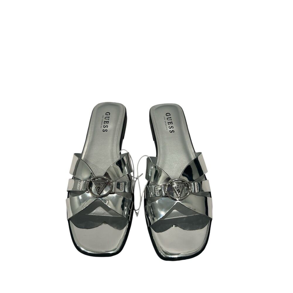 Guess Los Ángeles Logo Quilted Slip -On Sandal Silver Women’s Sz 10 New